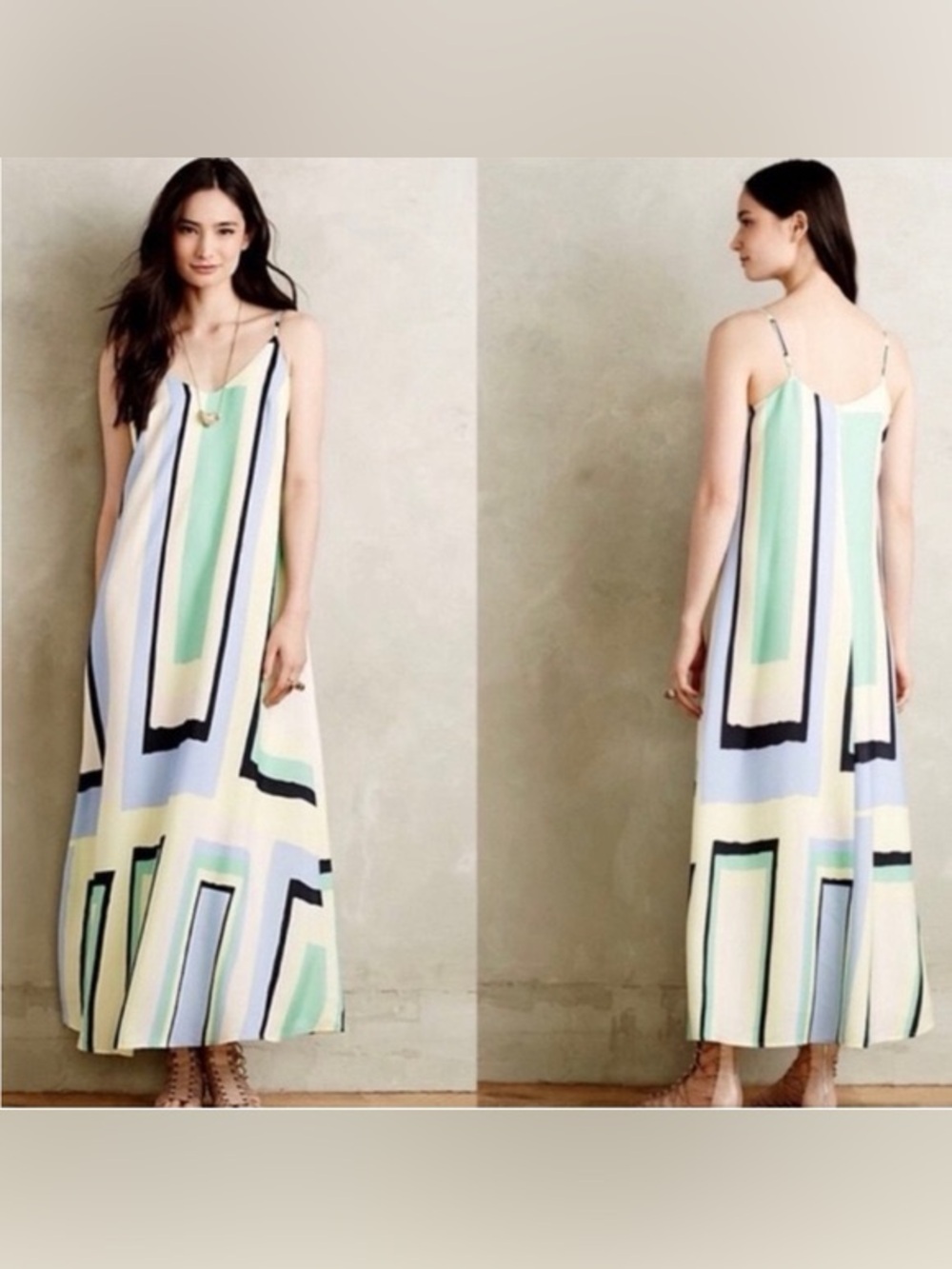 Maeve Anthropologie Geometric Print Spaghetti Strap Maxi Dress Small Pastel